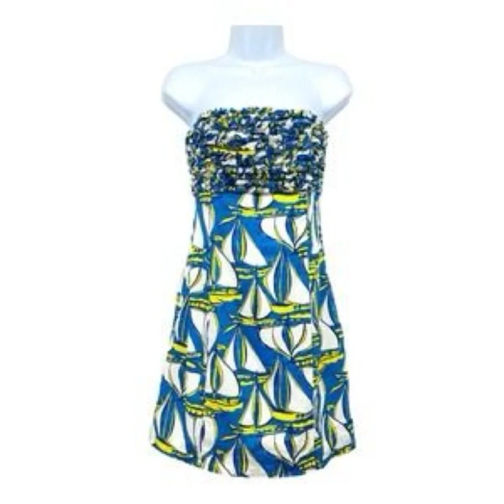 Lilly Pulitzer Sailboat Print Strapless Dress Blue Green White Coastal